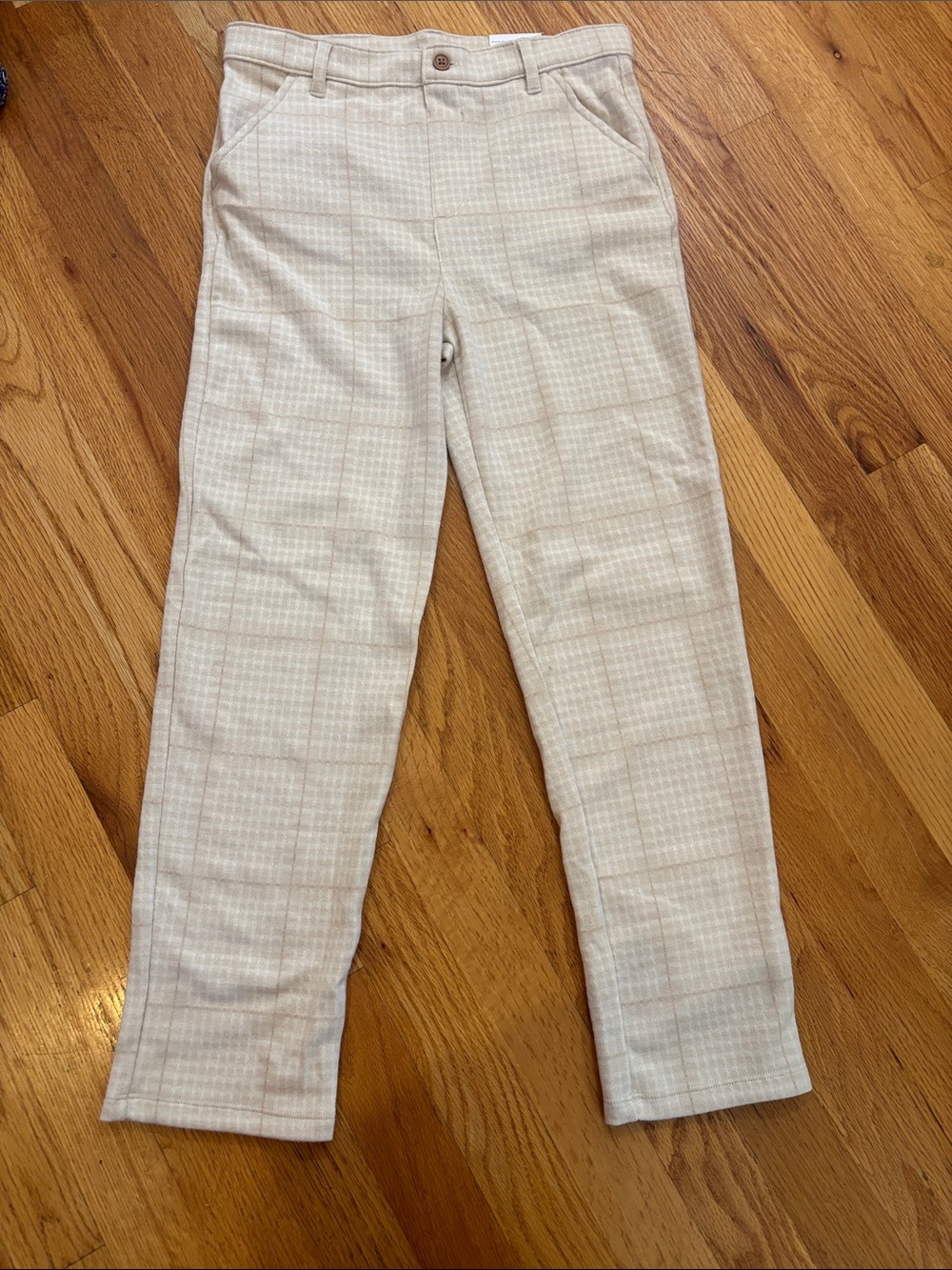 Kids Cream Plaid Pull-On Casual Trousers